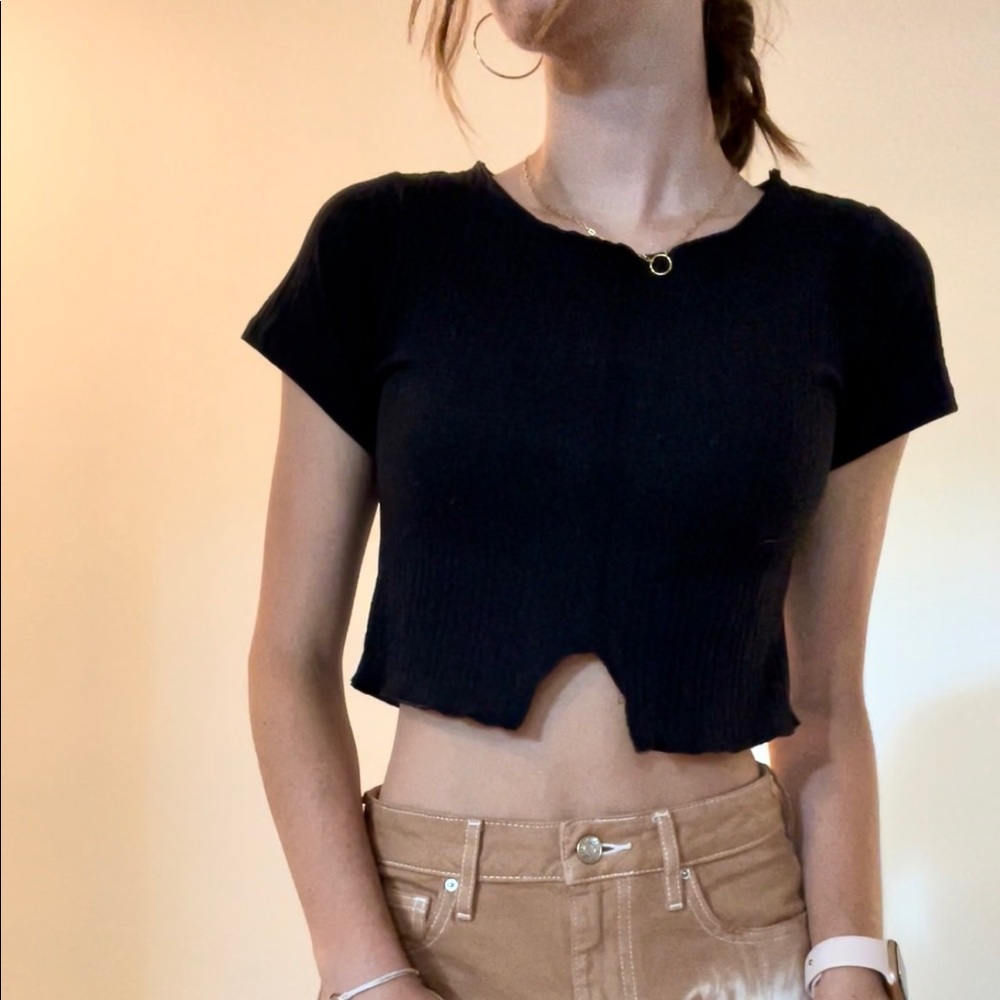 PacSun, small black cropped tee with front cutout.